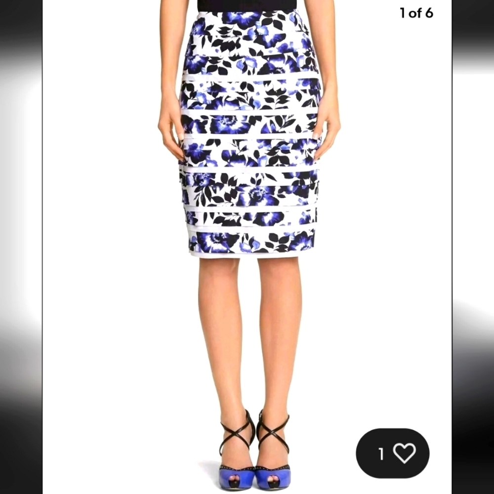 White House Black Market White Blue Floral Tiered Pencil Skirt Size 8
